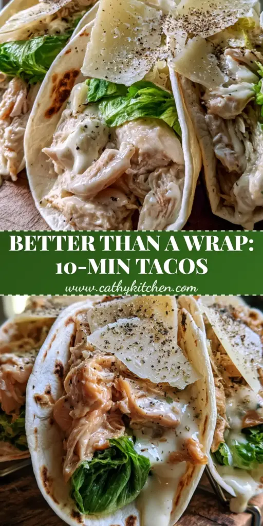 A high-angle photo of three Chicken Caesar Tacos in a metal rack featuring charred tortillas, shredded chicken, creamy dressing, and shaved parmesan.