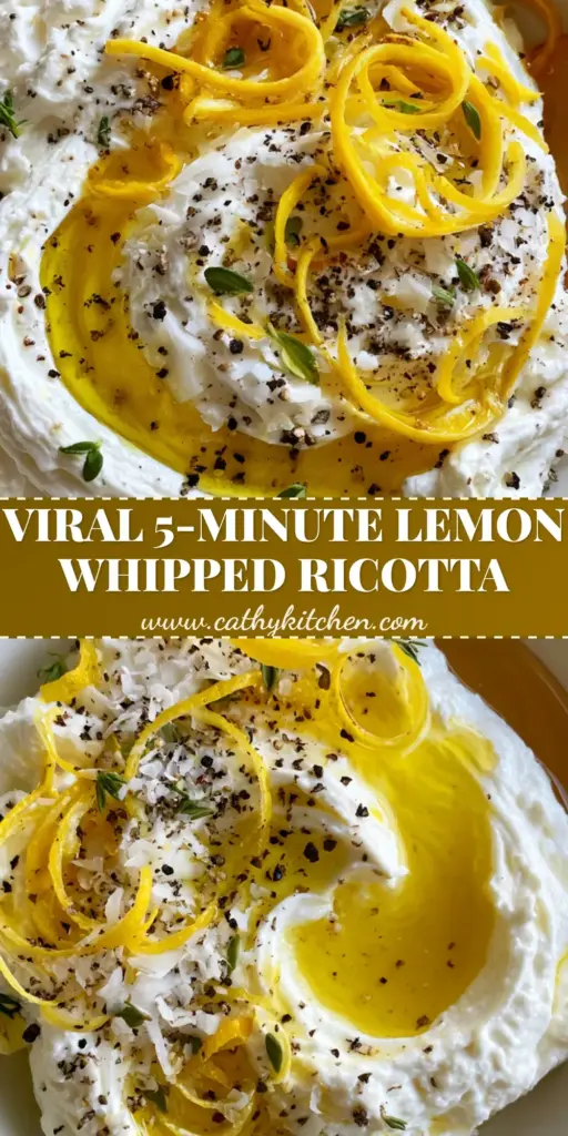 A close-up vertical shot of Lemon Whipped Ricotta topped with olive oil, honey, and lemon zest curls, perfect for a Pinterest appetizer board.