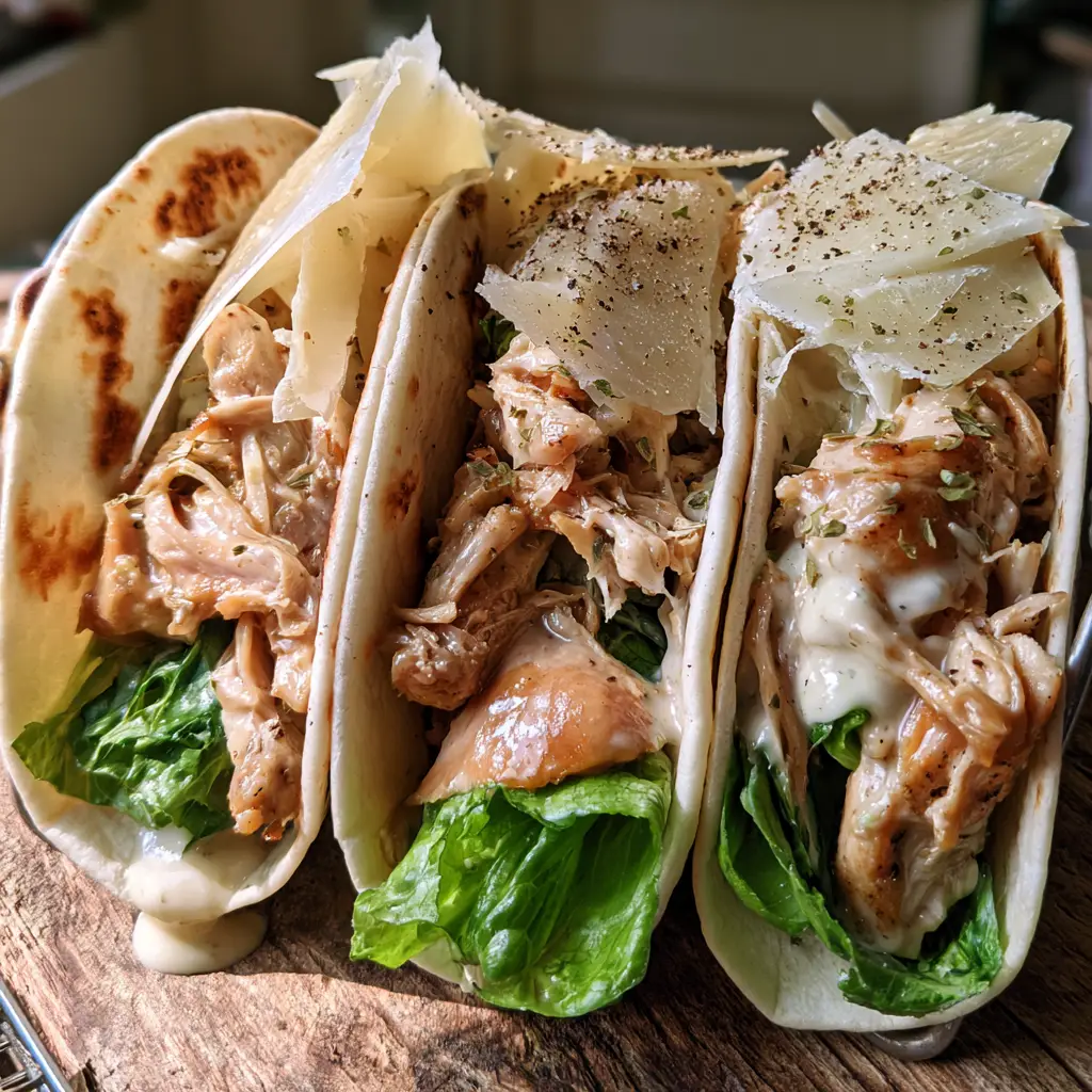 Close up of Chicken Caesar Tacos showing glossy shredded chicken and emerald green Romaine lettuce.