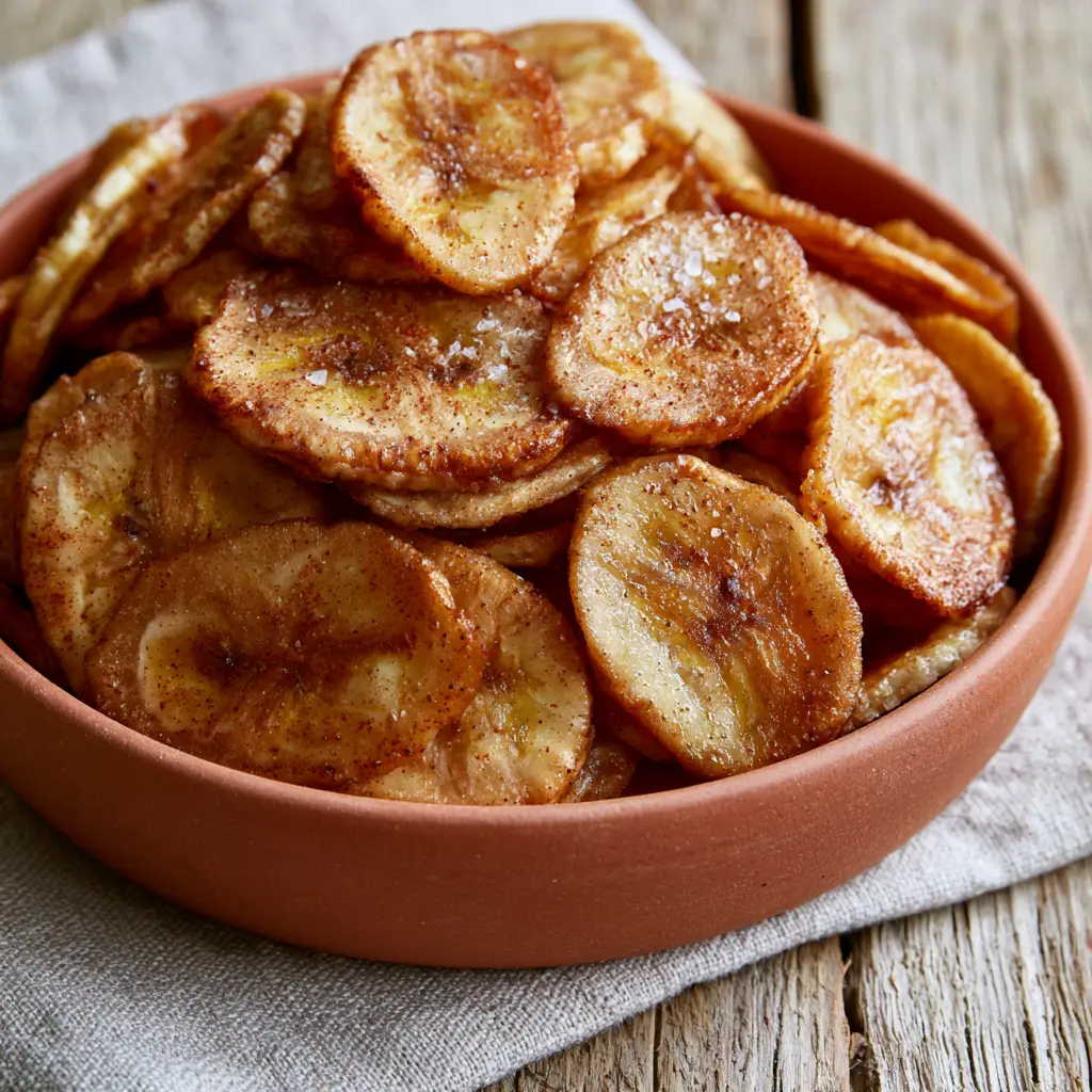 A high-piled bowl of golden-brown Air Fryer Banana Chips on a neutral grey linen napkin highlighting the rustic, healthy aesthetic.