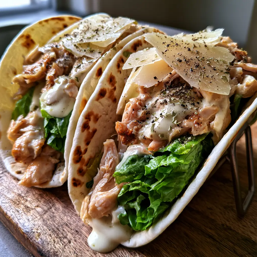 Side view of Chicken Caesar Tacos with visible charred spots on tortillas and cracked black pepper.