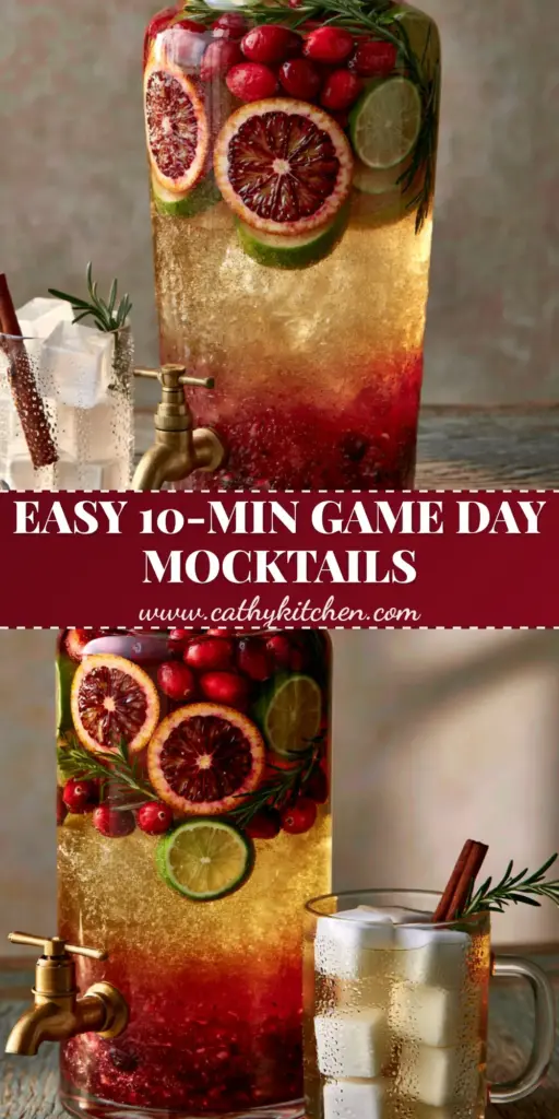 A tall vertical Pinterest pin showing a layered crimson and gold punch in a glass dispenser, perfect for non-alcoholic tailgating drinks.
