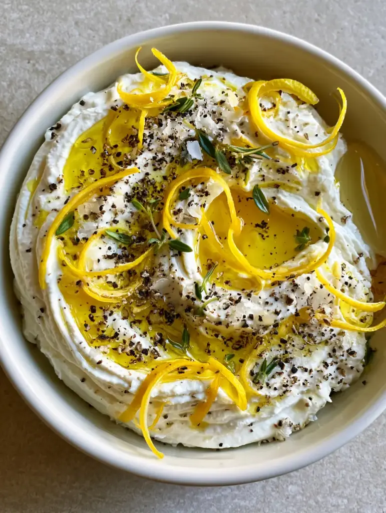 Top-down view of Lemon Whipped Ricotta in a white ceramic bowl with deep swirls and golden olive oil.