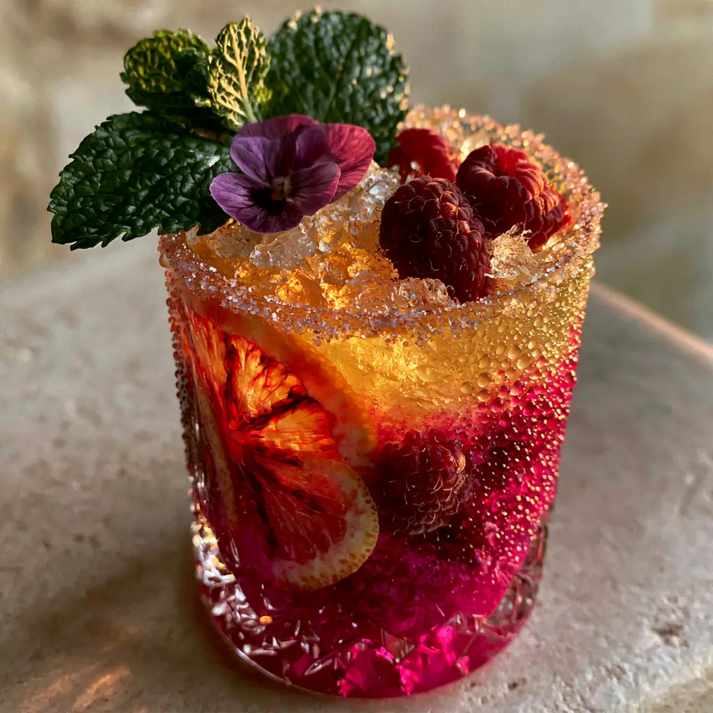 Side view showing the ombre transition of magenta to gold in these Fruity Mocktail Ideas.