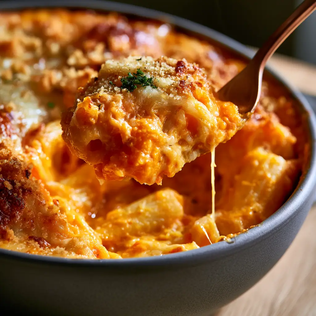 A fork lifting a steaming bite of rigatoni with vibrant orange cheddar sauce and melted cheese strings. (picky eater recipes)