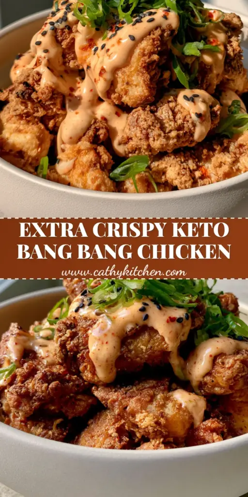A tall pile of low carb bang bang chicken in a white bowl showing crispy texture and drizzled sauce.