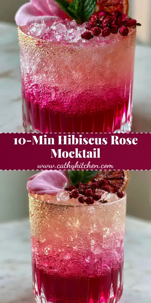 A layered hibiscus rose mocktail in a ribbed crystal glass with magenta syrup, pink tonic, and floral garnishes.