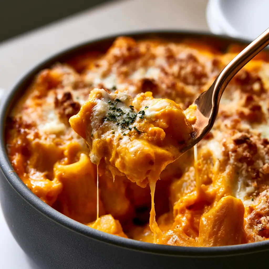 Close-up of the bubbly golden-brown mozzarella crust and crispy panko breadcrumbs on rigatoni.