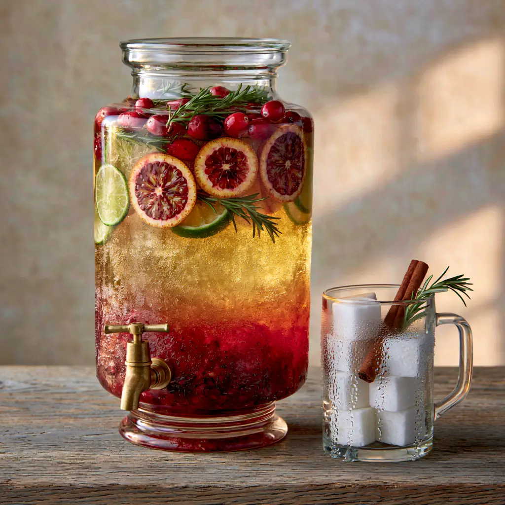 Close-up of a glass mug with square ice, rosemary, and cinnamon garnish, featuring non-alcoholic tailgating drinks.