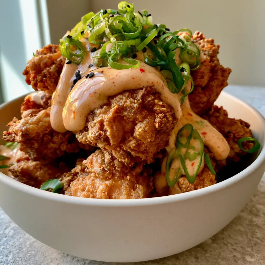 Smartphone photo of extra crispy air-fried chicken bites with creamy orange sauce (low carb bang bang chicken).