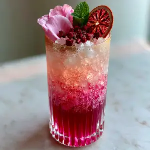 Close up of a hibiscus rose mocktail showing the sparkling pink bubbles and crushed ice layers.