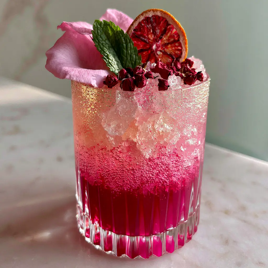 The final hibiscus rose mocktail garnished with rose petals, mint, and a dehydrated blood orange wheel.