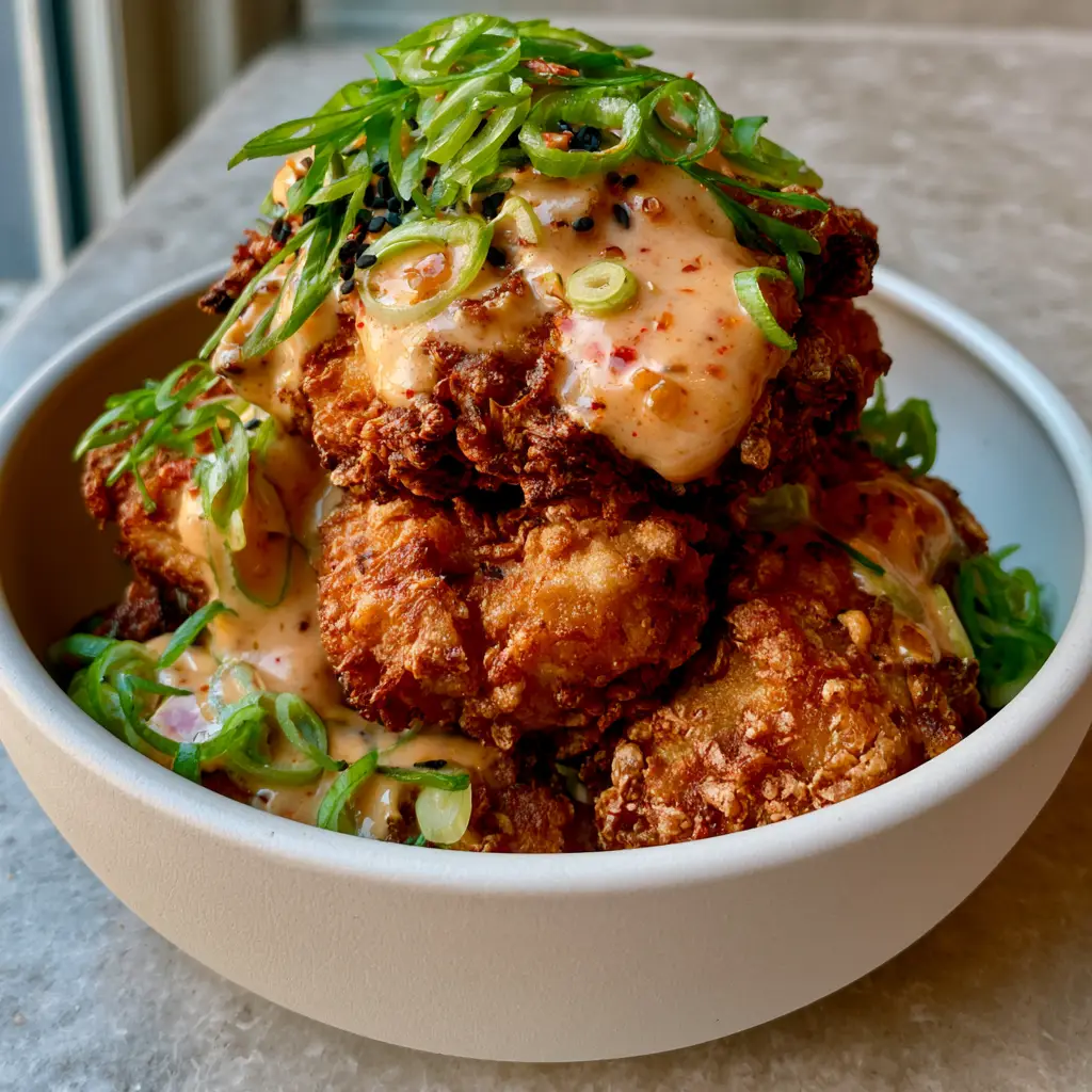 Close up of low carb bang bang chicken garnished with scallions and sesame seeds on a stone countertop.