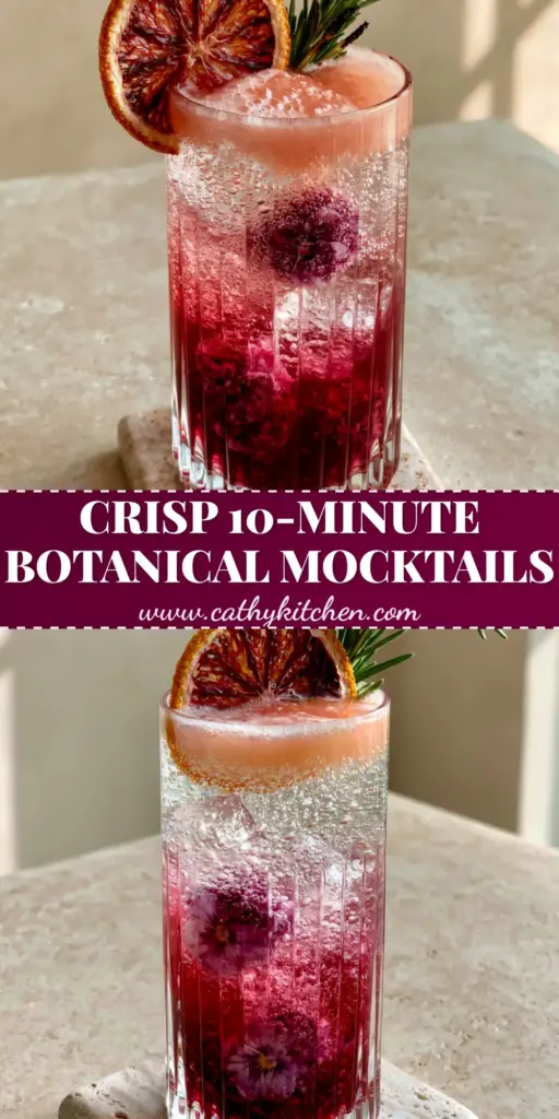 A tall ribbed crystal glass containing a ruby-red and pink layered Botanical Raspberry Hibiscus Spritz with floral ice and charred rosemary. (Non Alcoholic Mocktails)