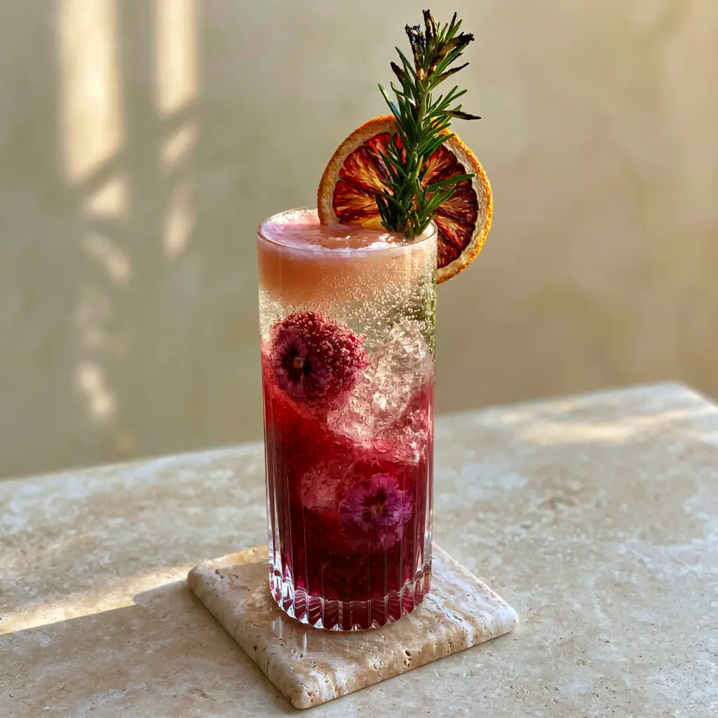 Close up photo of a botanical mocktail in a ribbed glass with edible pansies frozen in ice. (Non Alcoholic Mocktails)