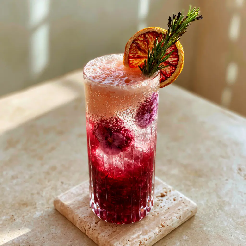 Sophisticated pink and red layered drink with a charred rosemary sprig garnish on a travertine coaster.