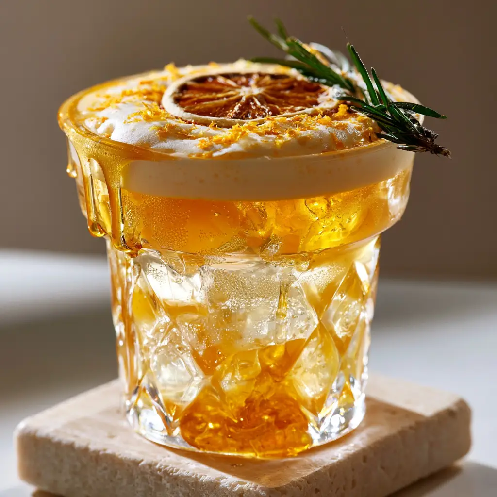 Close up of the creamy foam and orange zest on top of a Citrus and honey mocktail.
