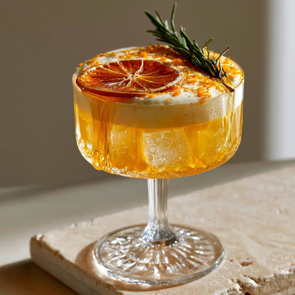 Citrus and Honey Mocktail: A Luxury Meyer Lemon and Orange Refresher 1 A side view showing the golden-amber liquid and sinking wildflower honey in the Citrus and honey mocktail.