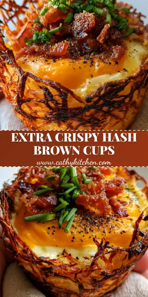 A close-up handheld shot of a crispy hash brown egg cup with a soft egg, melted cheddar, and smoked bacon crumbles. (hash brown egg cups)
