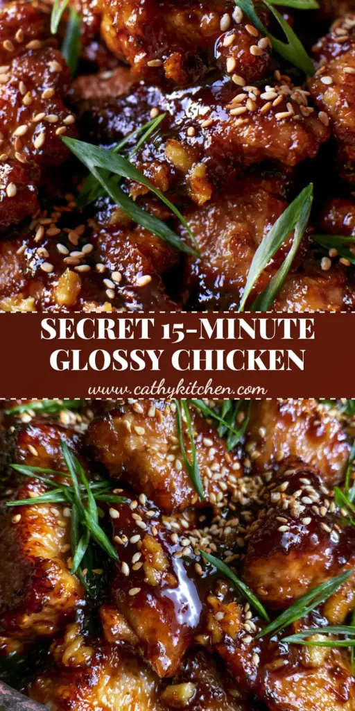 A tall Pinterest-style image showing succulent velveted chicken chunks coated in a dark mahogany soy glaze, garnished with white sesame seeds and green scallions. (Chinese recipes)
