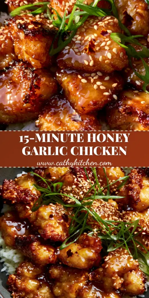 A close-up shot of Honey Garlic Chicken over jasmine rice, showing the thick glossy amber sauce and sesame seeds. (Chinese recipe)
