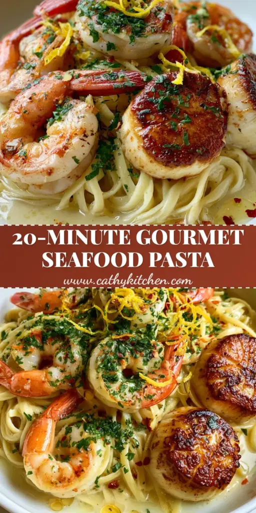 A close-up shot of a shallow white ceramic bowl containing the best Seafood pasta recipe with linguine, charred shrimp, and golden-crusted scallops.