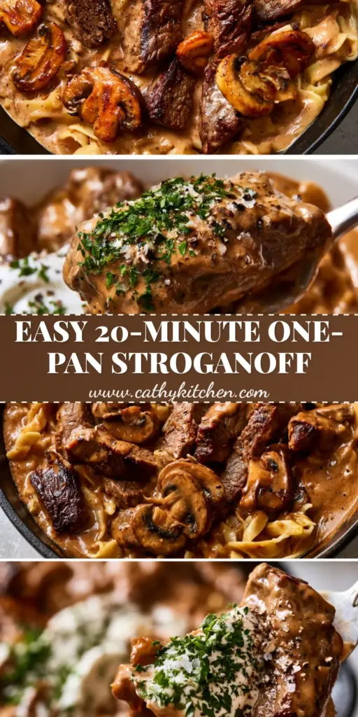 A split-screen Pinterest graphic showing an overhead skillet of Beef Stroganoff and a close-up fork lift of steak in cream sauce. (Creamy Meat Dish)