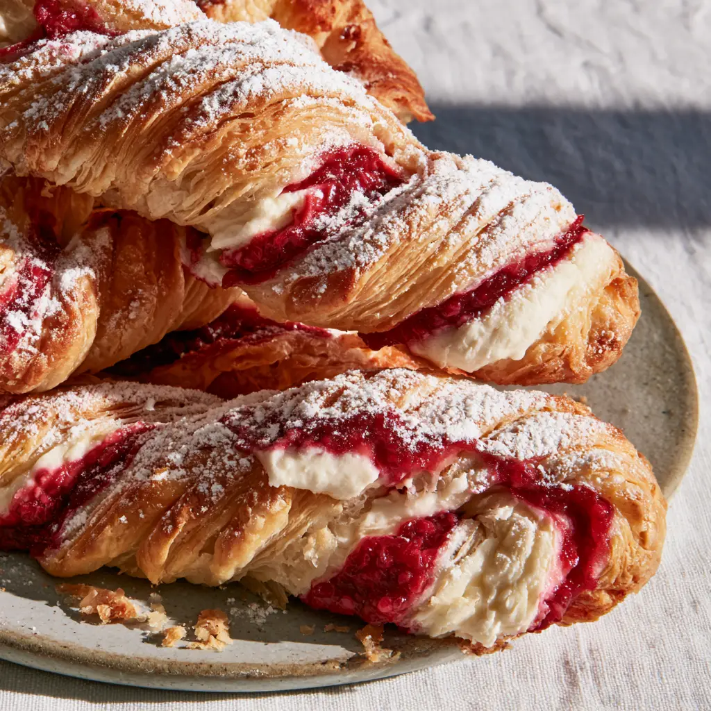 Macro shot of a raspberry pastry twist on a rustic plate with morning light. (raspberry pastry twists)