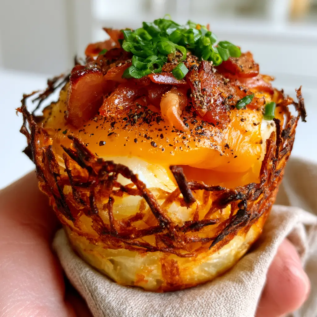 Top view of a single hash brown egg cup showing the charred lacy edges and bubbling sharp cheddar cheese. (hash brown egg cups)