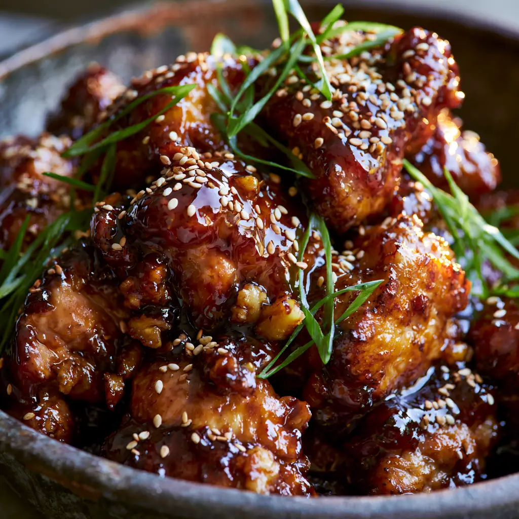 Extreme macro close-up of velveted Chinese chicken pieces coated in a thick, translucent, glossy dark mahogany soy-based glaze. (Chinese recipes)