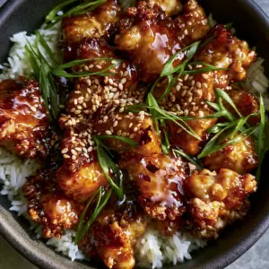 Top-down view of a ceramic bowl filled with golden-brown chicken and glossy amber glaze. (Chinese recipe)