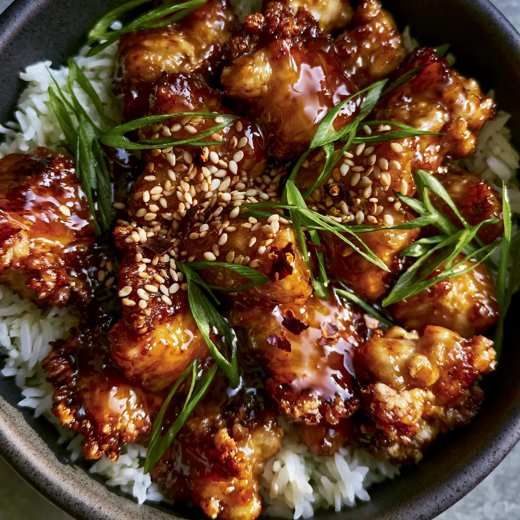 Top-down view of a ceramic bowl filled with golden-brown chicken and glossy amber glaze. (Chinese recipe)