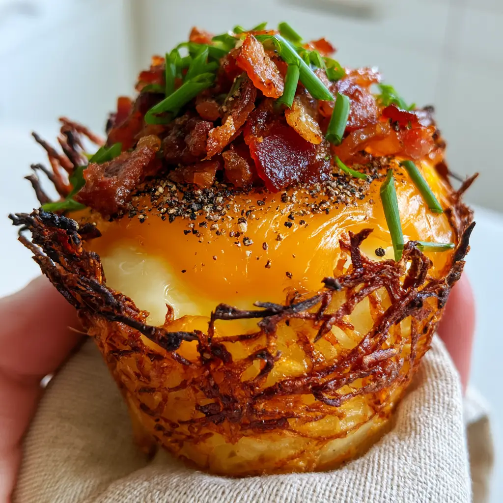 Close-up of a hash brown egg cup garnished with fresh chives, cracked black pepper, and crispy smoked bacon bits.