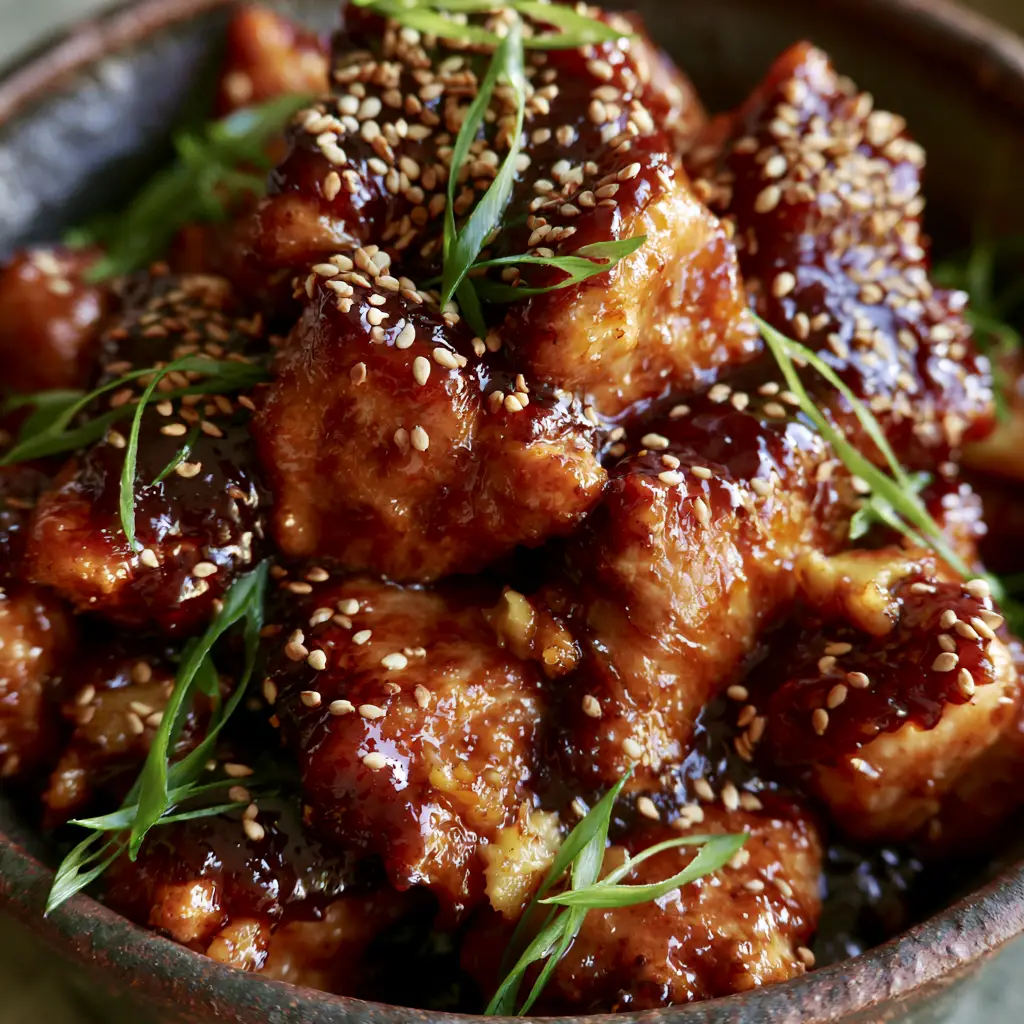 Macro view of seared chicken with charred wok-fired edges, garnished with toasted sesame seeds and fresh scallions.