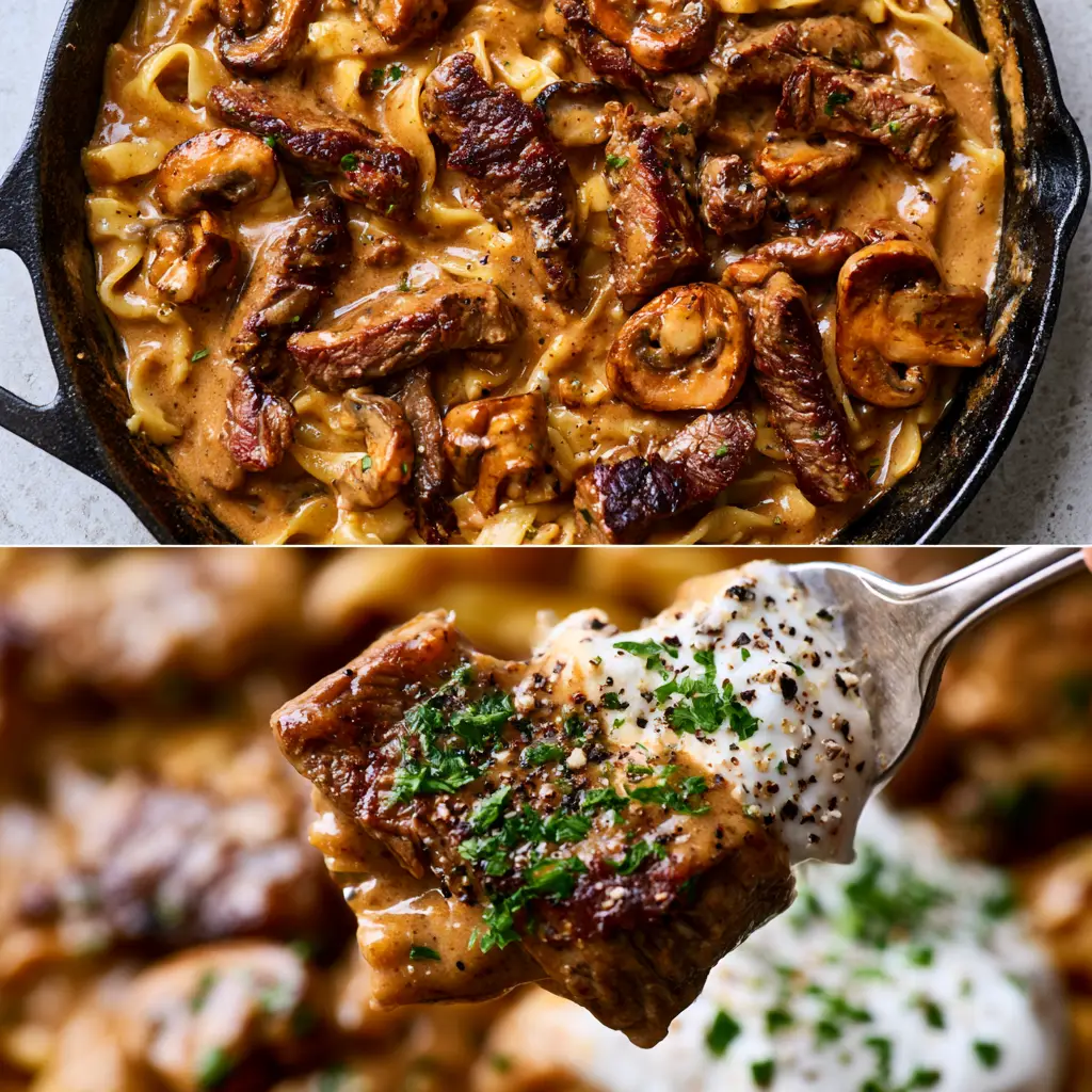 Rustic black cast iron skillet filled with Creamy Meat Dish featuring wavy egg noodles and seared ribeye. (Creamy Meat Dish)