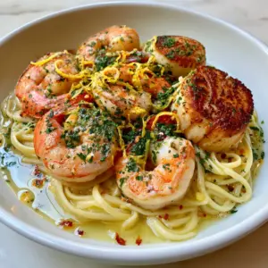 Smartphone photo of seafood pasta recipe featuring al dente linguine and five charred jumbo shrimp in a white wine butter sauce.
