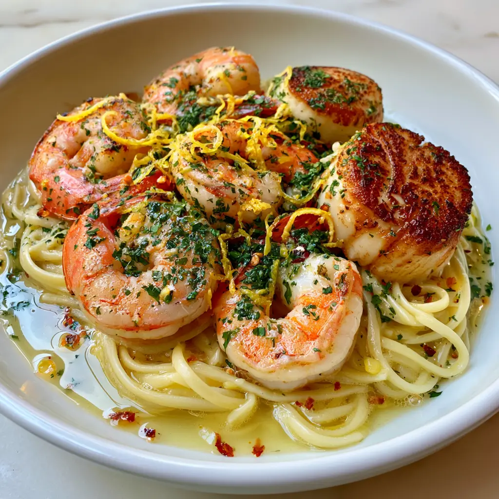 Smartphone photo of seafood pasta recipe featuring al dente linguine and five charred jumbo shrimp in a white wine butter sauce.