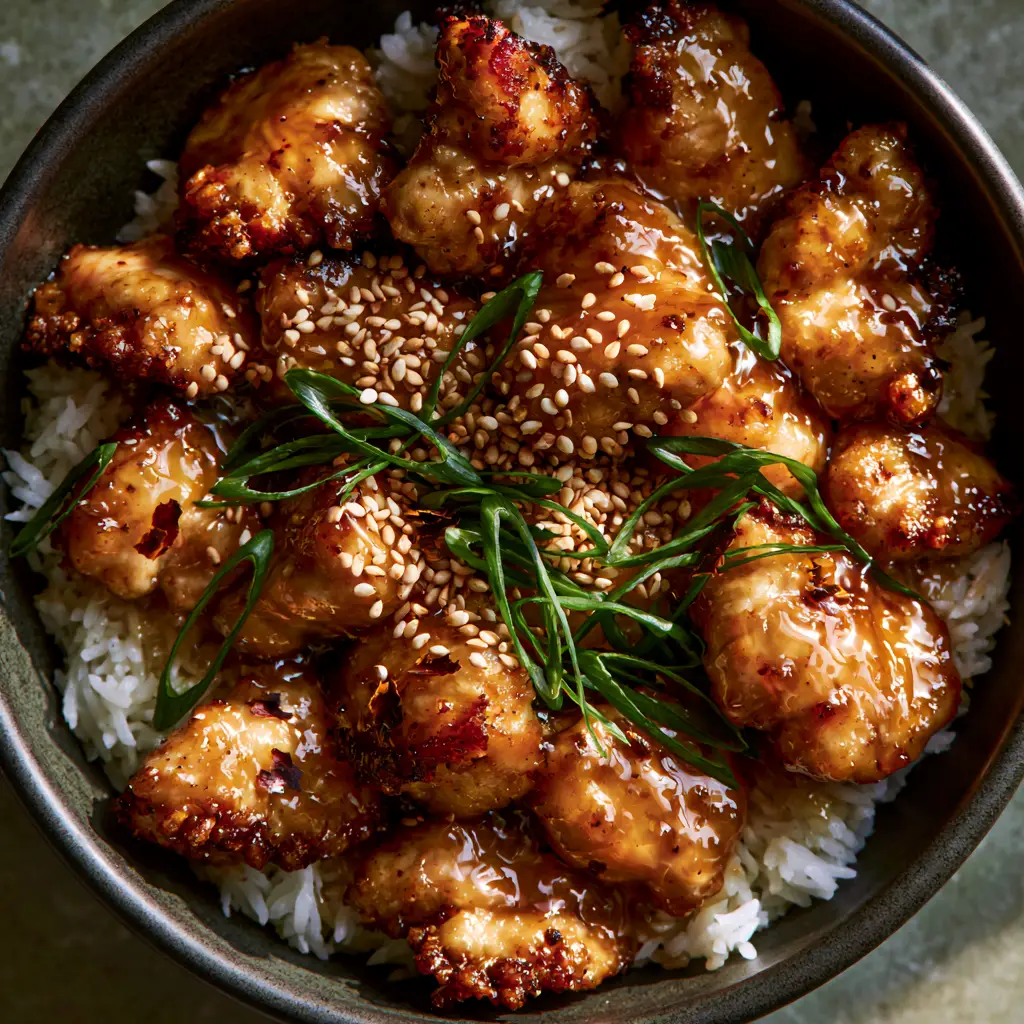 Close-up of sticky honey garlic chicken garnished with scallions and red pepper flakes.