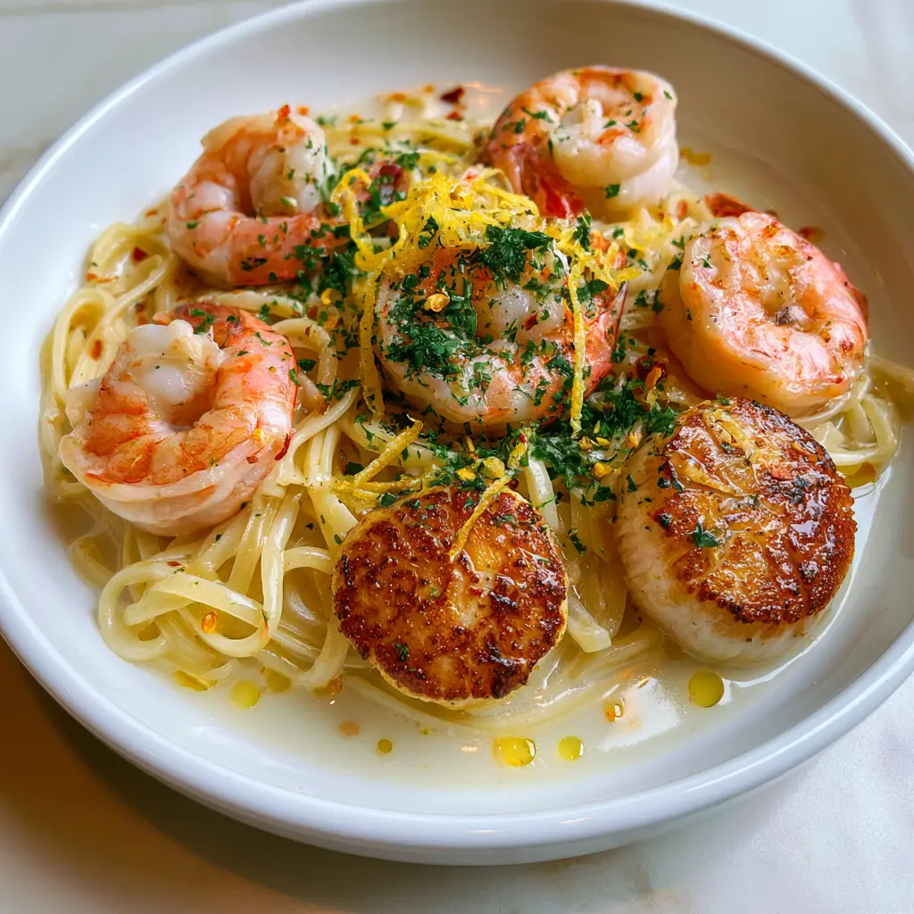 Detailed view of sea scallops with a golden-brown crust in a Seafood pasta recipe with lemon zest ribbons.
