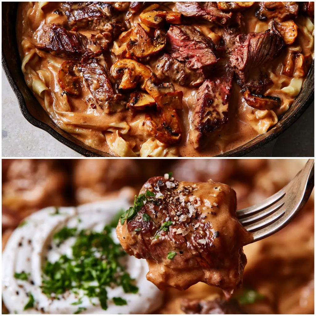 Extreme macro close-up of a fork lifting a piece of steak coated in thick cognac cream sauce with parsley.