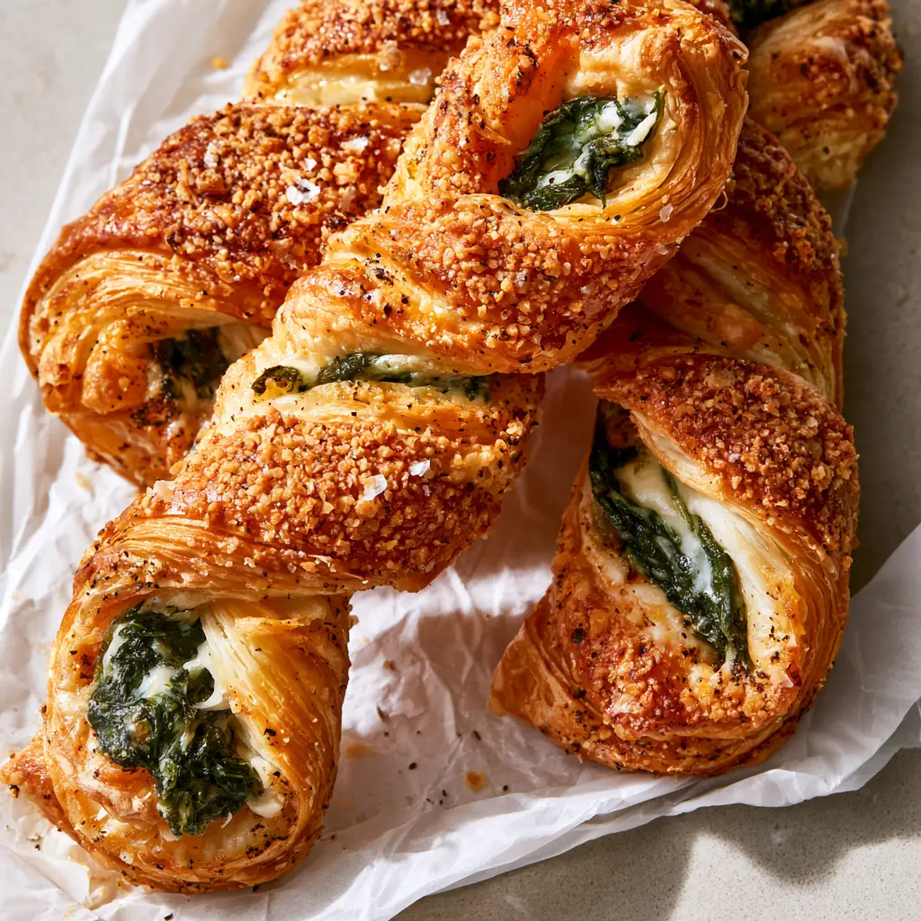 Close-up shot of Parmesan Spinach Cheese Twists featuring visibly puffed pastry layers and vibrant dark green spinach filling.