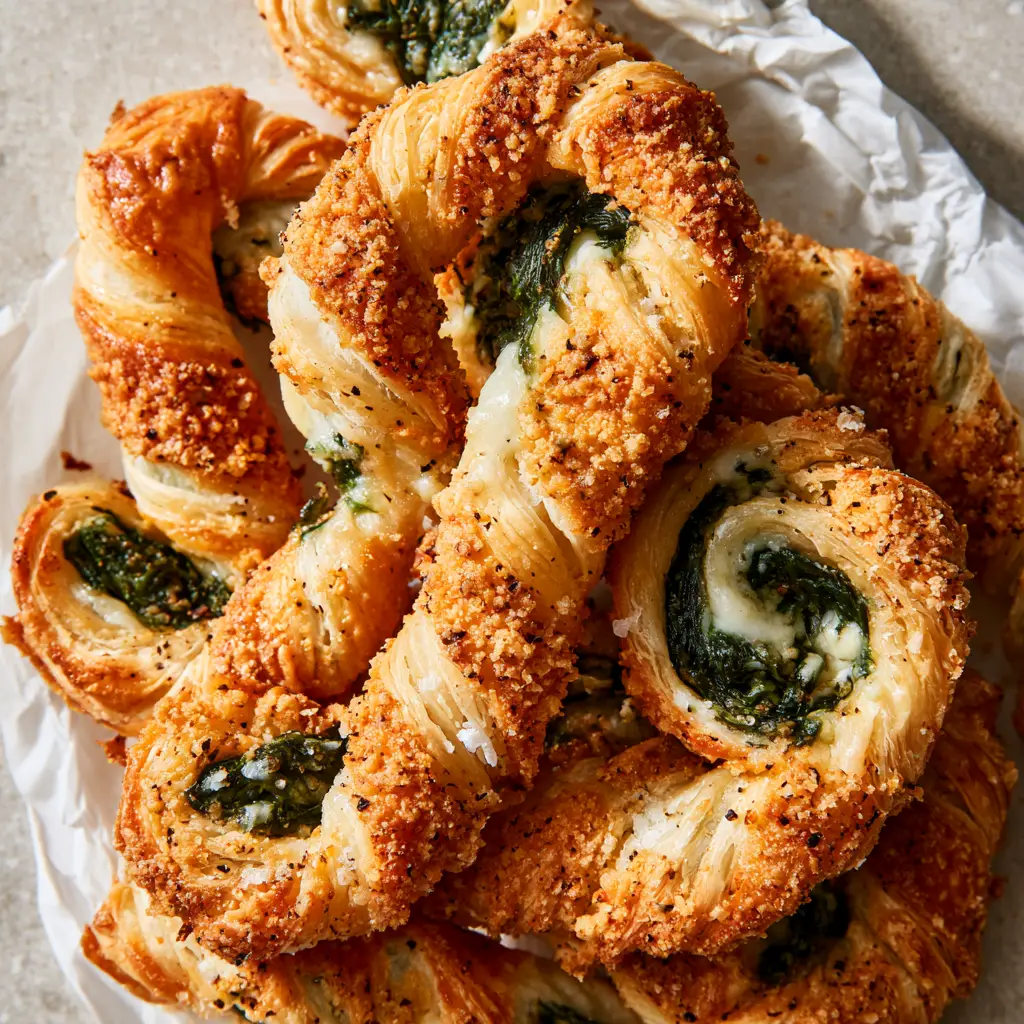 Top-down view of Parmesan Spinach Cheese Twists heavily encrusted with toasted coarse parmesan and cracked black pepper.
