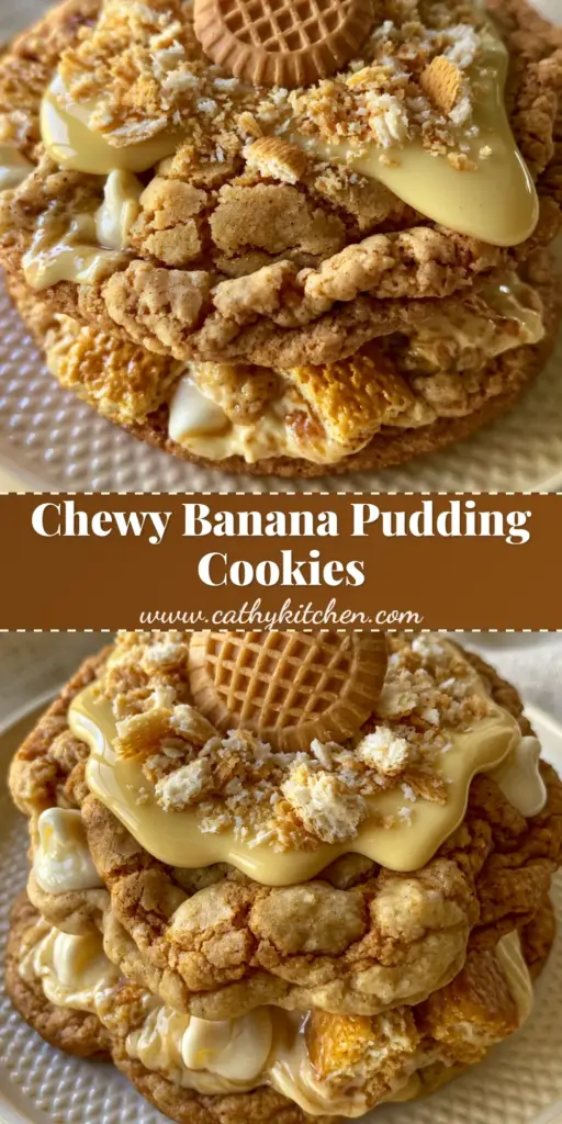 A stack of banana pudding cookies with Nilla wafers and white chocolate chips on a ceramic plate.