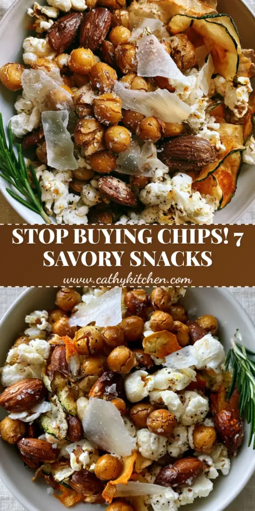A minimalist overhead shot of healthy salty snack ideas featuring roasted chickpeas, zucchini chips, and popcorn in a white bowl. (salty snack ideas)