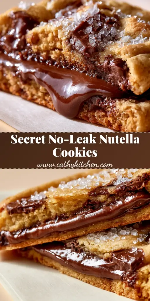 A close-up of Nutella stuffed chocolate chip cookies sliced in half to show the gooey molten center.