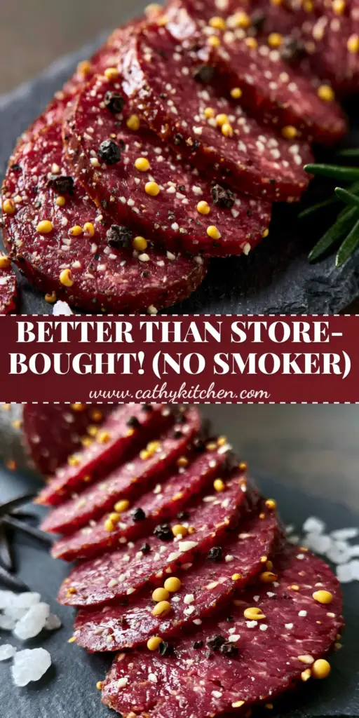 A close-up of sliced beef summer sausage fanned out on a slate board with mustard seeds and black pepper visible.