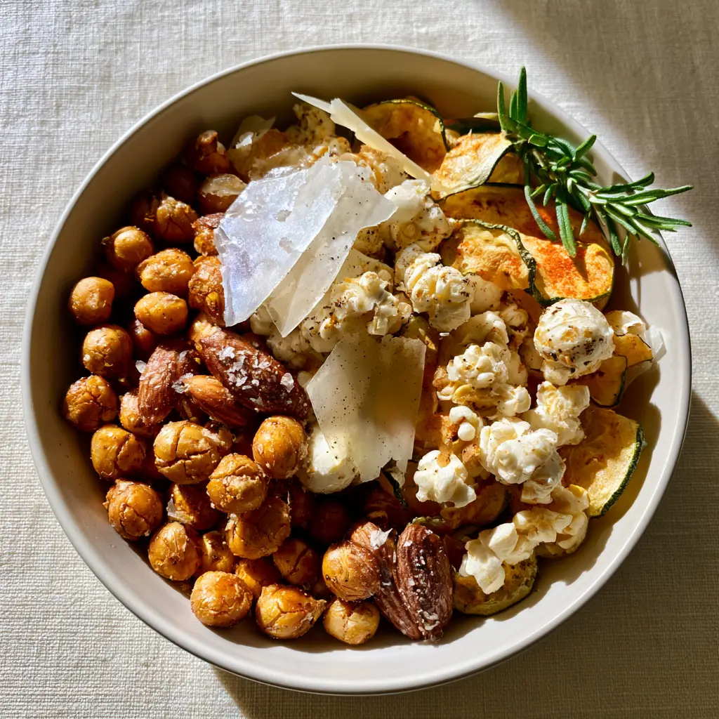 Top-down aesthetic food photography of salty snack ideas with roasted chickpeas and zucchini chips. (salty snack ideas)