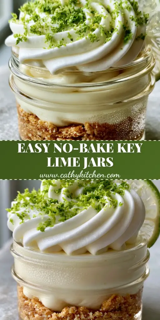 A close-up vertical shot of key lime pie jars featuring a thick graham cracker crust, pale lime filling, and a tall whipped cream swirl with lime zest garnish.
