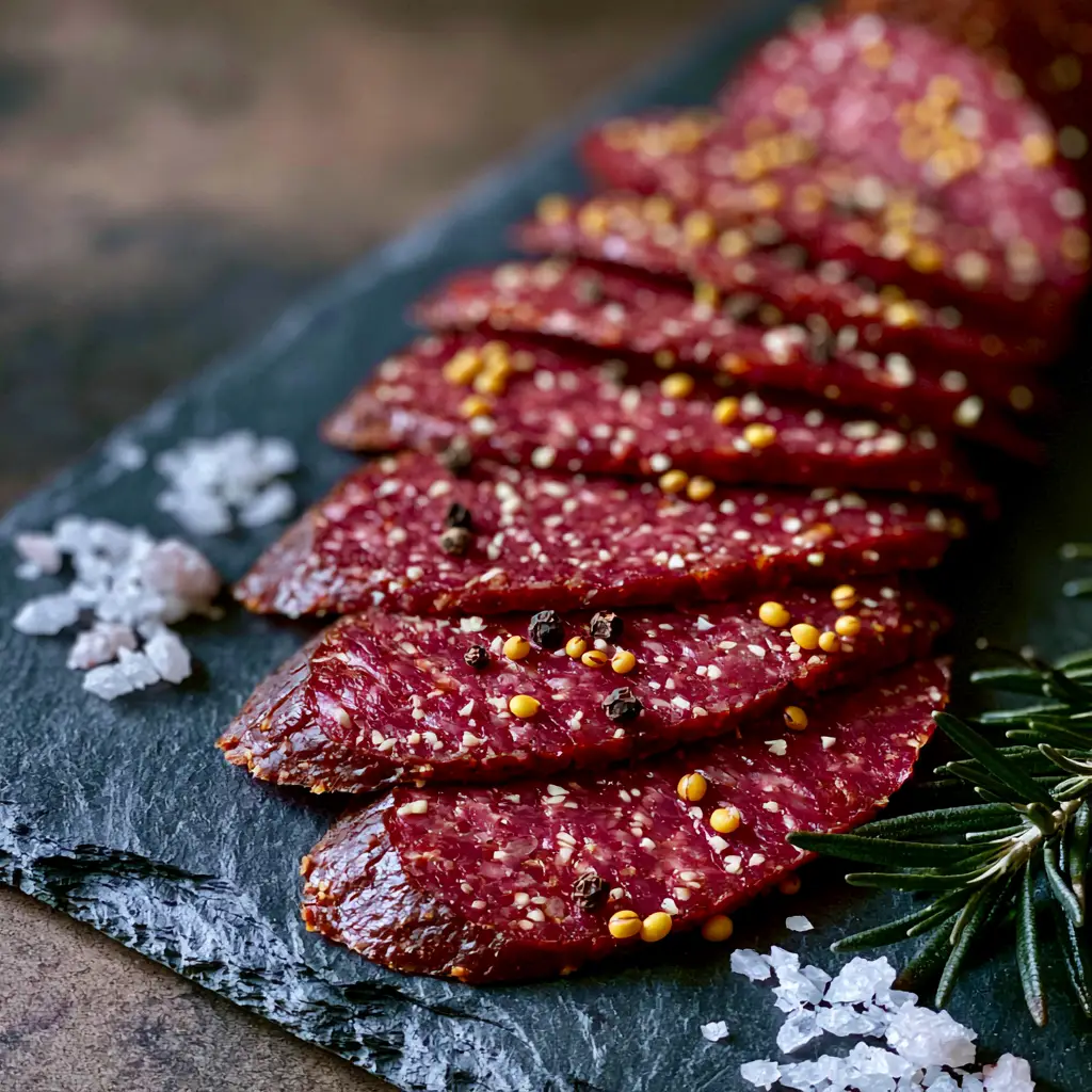 High-angle shot of beef summer sausage slices on a rustic slate board with a rosemary garnish.