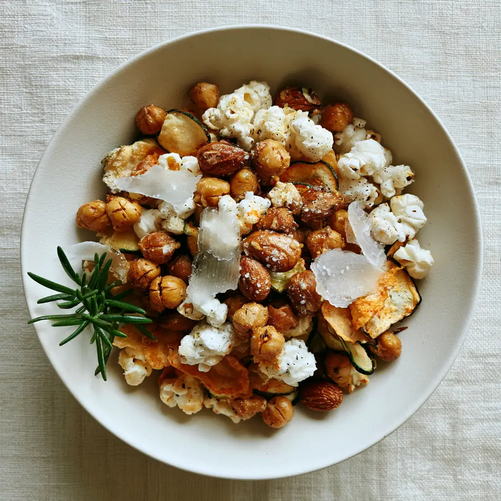 Close-up of flaky Maldon salt on air-popped popcorn and toasted almonds.